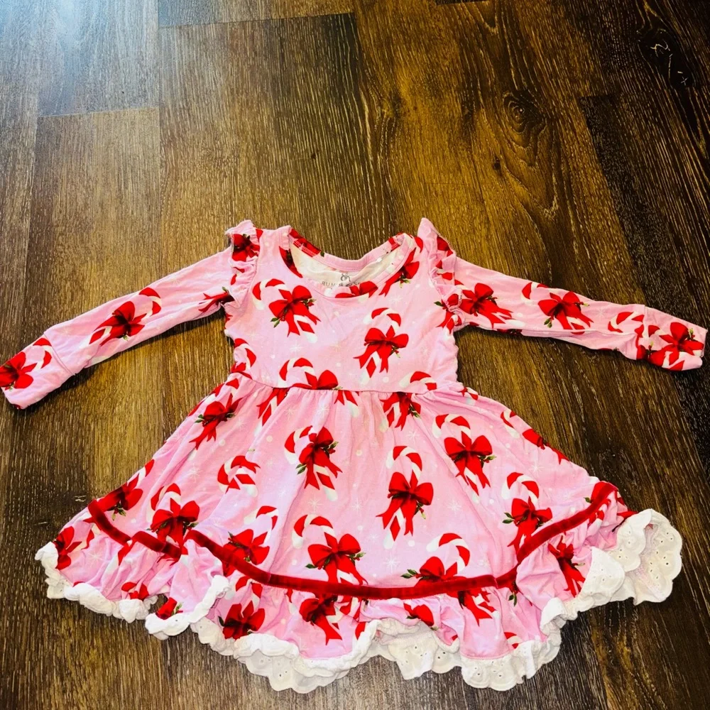 Bums & Roses Bamboo Pink Holiday Bow Print Twirl Dress